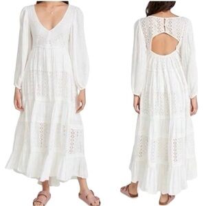 Free People Mockingbird Maxi Dress Eyelet Long Sleeve Open Back White Size S
